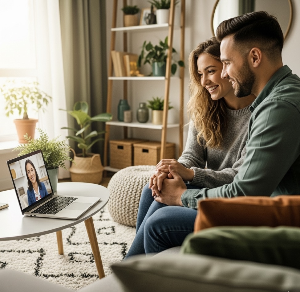Couple having online relationship coaching session